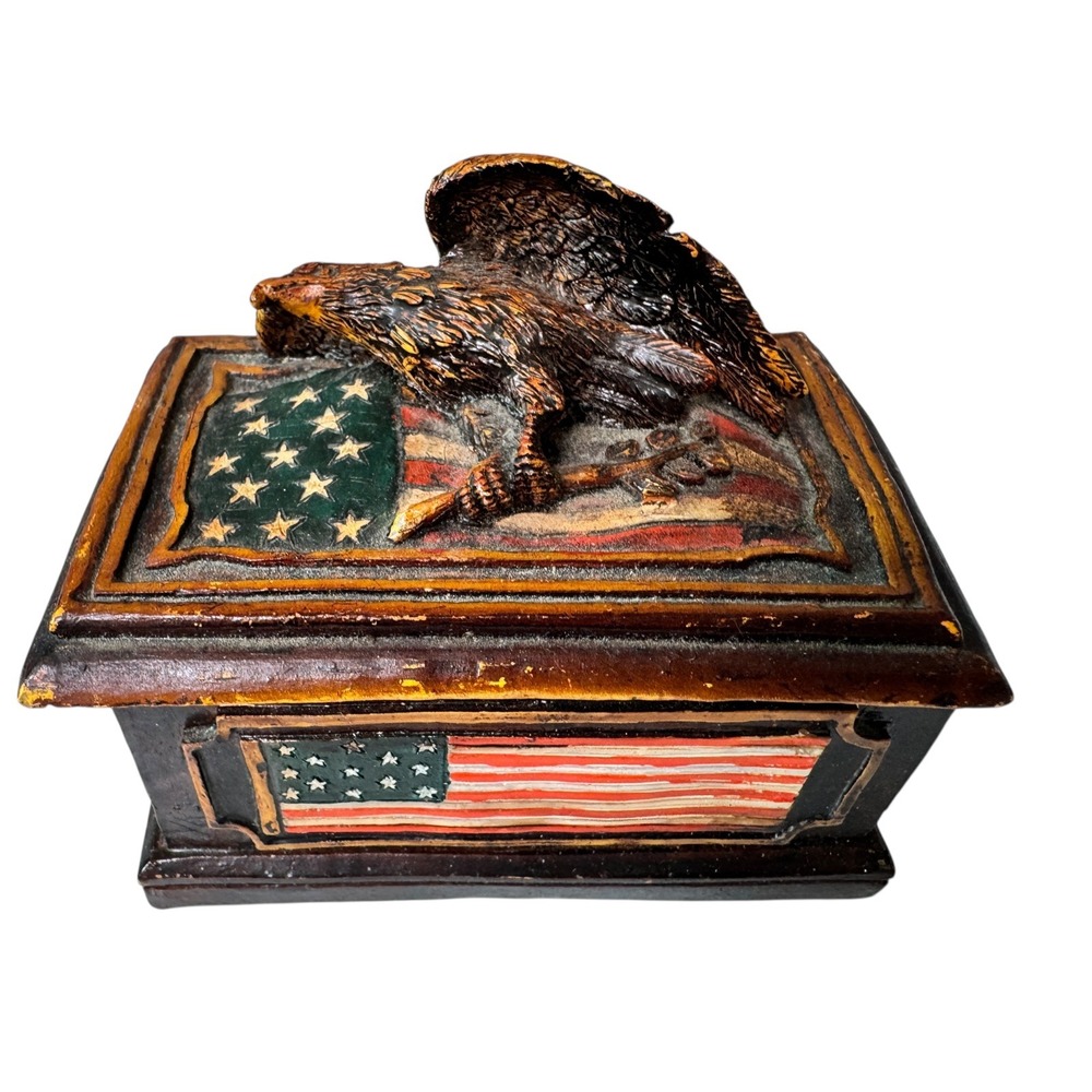 Vintage Young's Patriotic Wooden Trinket Box With Eagle & Flag‎ Keepsake Storage